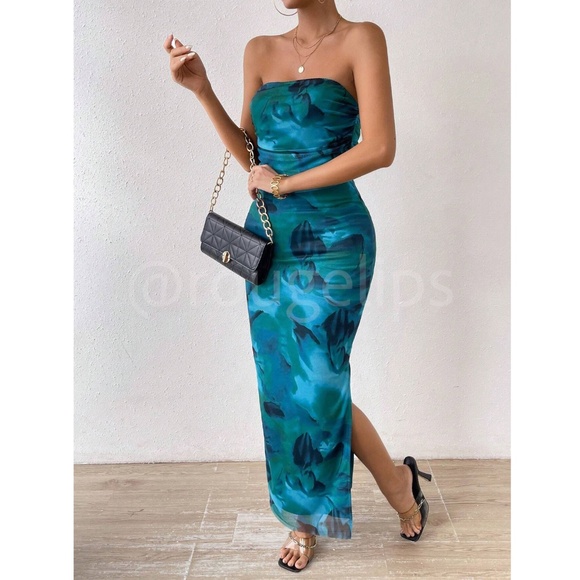 Blue Green Tie Dye Tube Strapless Mesh Maxi Dress Ruched Leg Slit - Picture 2 of 8